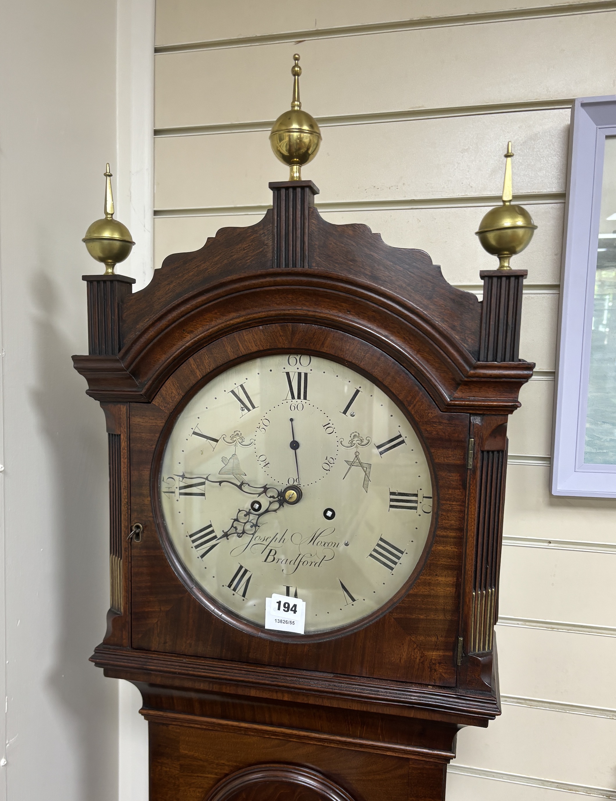 An early 19th century mahogany eight day longcase clock, with silvered dial, marked Joseph Moxon, Bradford, height 212cm